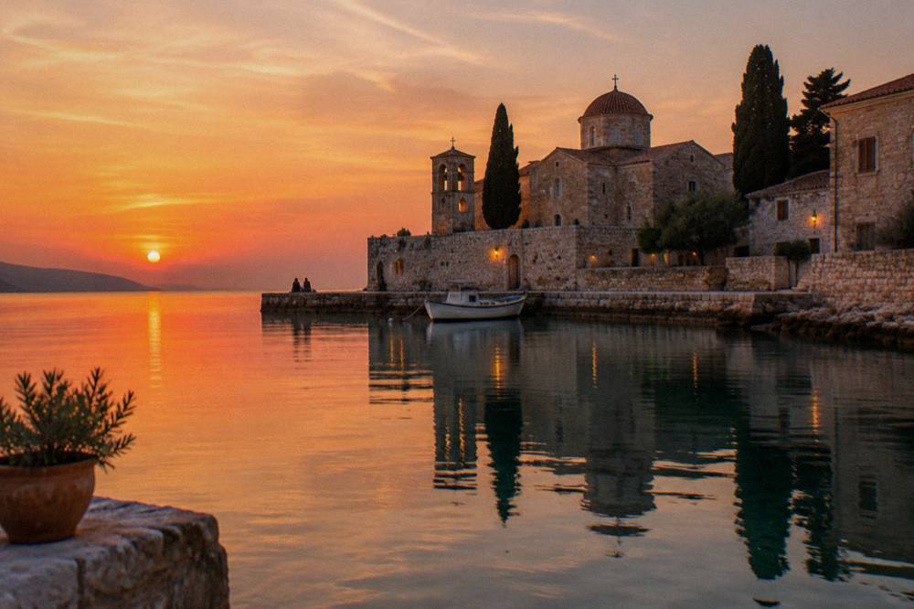 An evening harbour front with stone buildings reflected in calm water