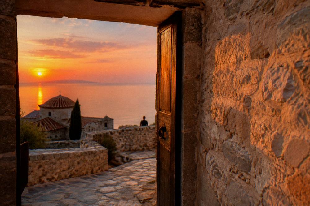 A stone doorway with warm evening light across a monastery wall