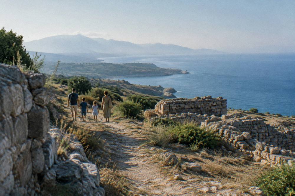 A family walking a dirt path between stone ruins toward a wide view over the sea