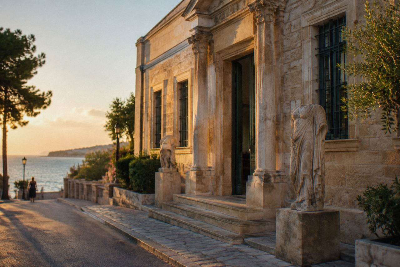 Museum building exterior on a quiet street in the Halepa district of Chania