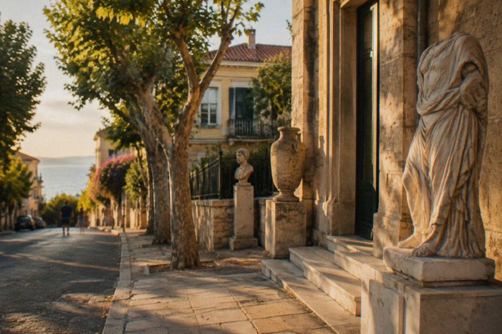 Tree lined street in Halepa with historic houses
