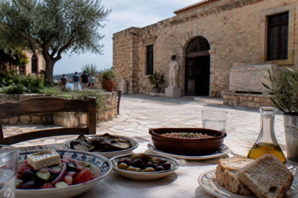 Table set with Cretan dishes in a village courtyard