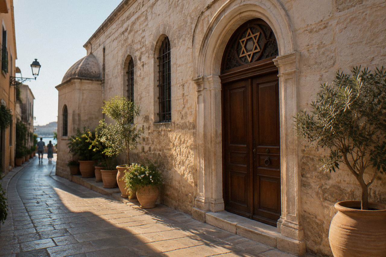 A quiet stone building fronting a narrow Old Town lane in Chania, with an arched doorway and potted plants along the wall