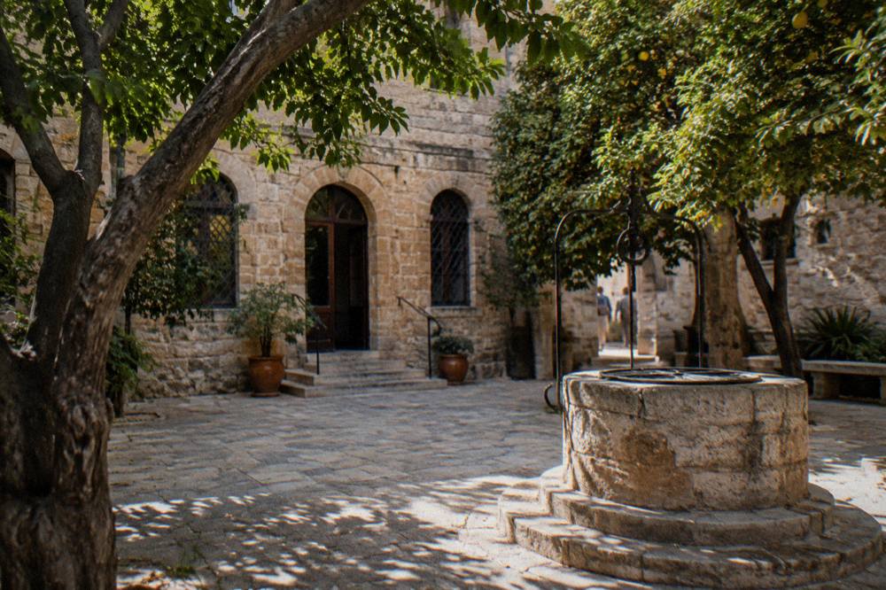 An open courtyard with citrus trees, stone paving and an old stone well head under dappled shade
