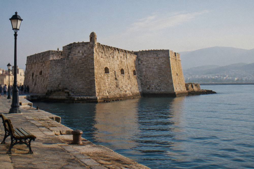 Thick stone bastion walls of Firka Fortress seen from the harbour-side walkway in Chania