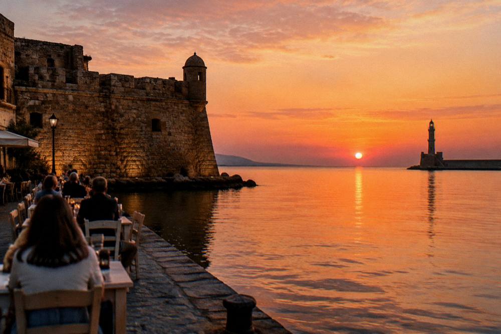 Harbour front of Chania at dusk with the fortress walls on the left and diners along the quay