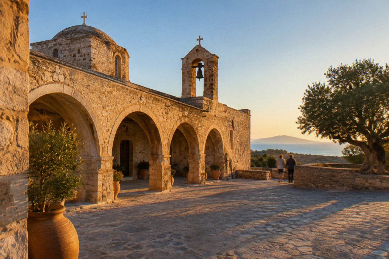 A stone monastery courtyard with arched facades under a clear sky on the Akrotiri peninsula