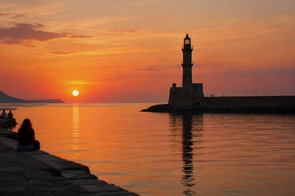 A stone lighthouse tower silhouetted against an orange sunset sky at the end of a harbour mole