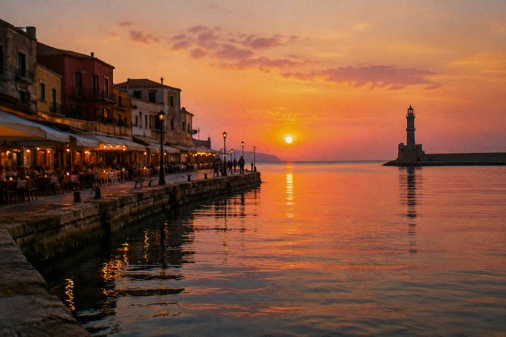 An evening harbour front with lit restaurants along an old stone quay and a dark tower at the far point