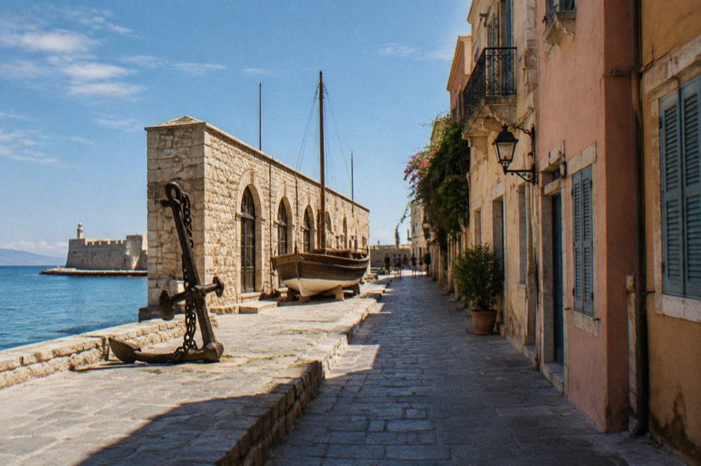 A narrow stone street in the old quarter behind the fortress with shuttered houses