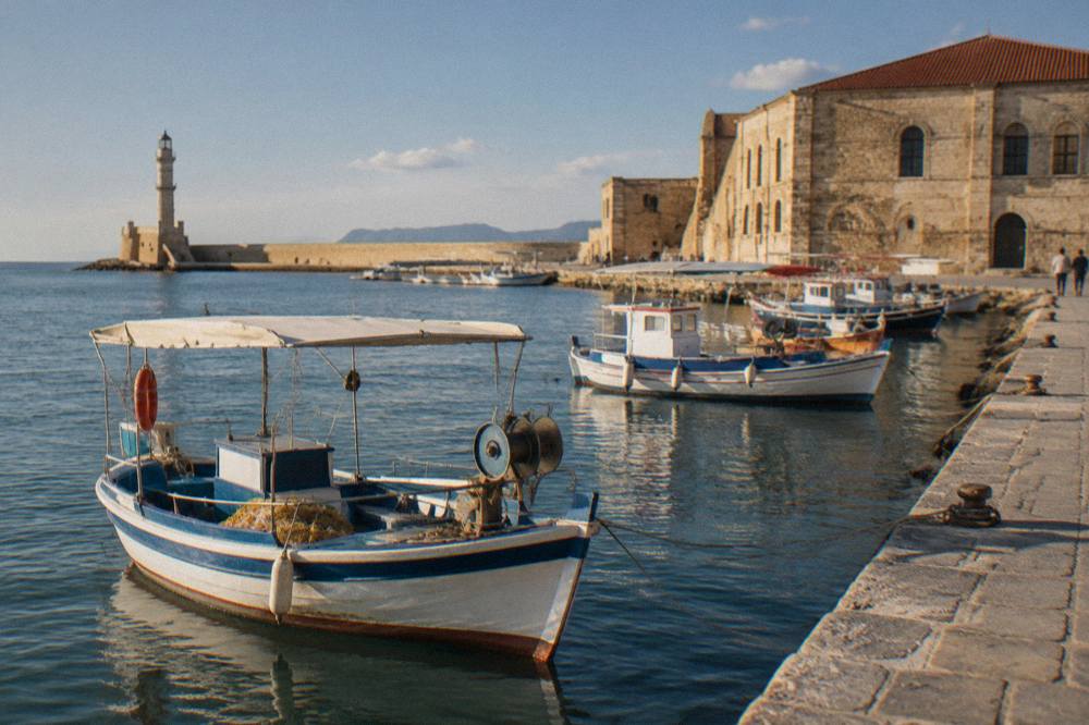 Small excursion boats moored along the stone quay of the old harbour