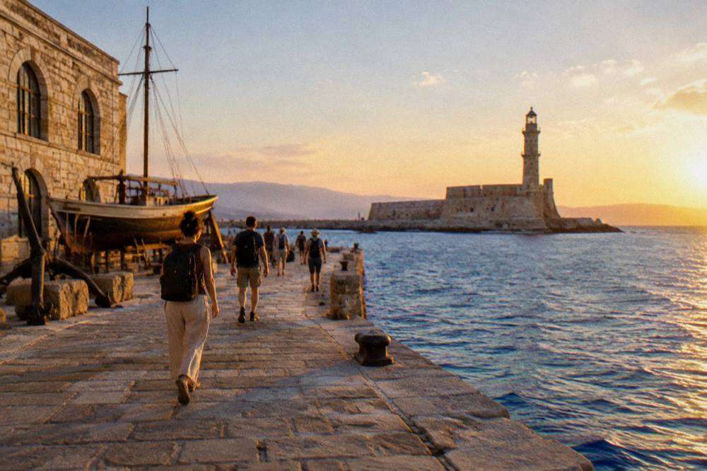 Travellers with day packs walking the stone quay toward the fortress at the harbour mouth