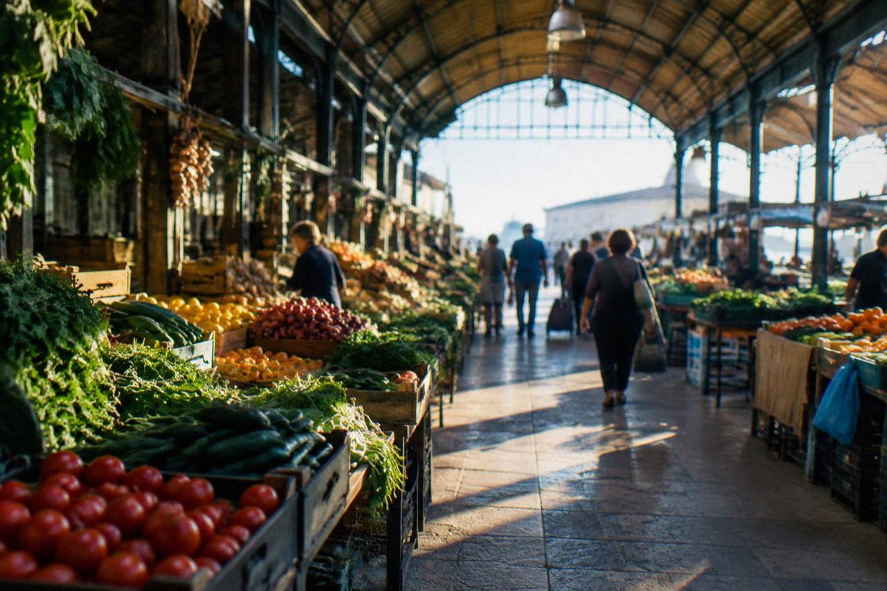 Covered market hall in Chania with produce stalls and shoppers under an arched roof
