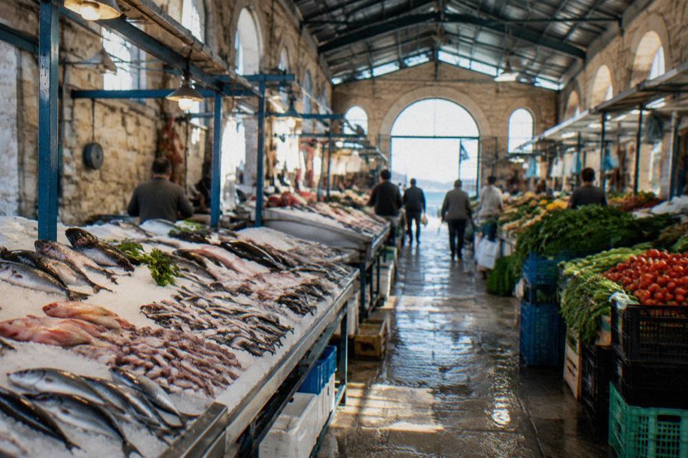 Fish and produce stalls inside the covered market with ice displays and crates of vegetables