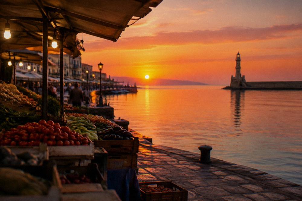Evening light on the Venetian Harbour with the lighthouse in the distance