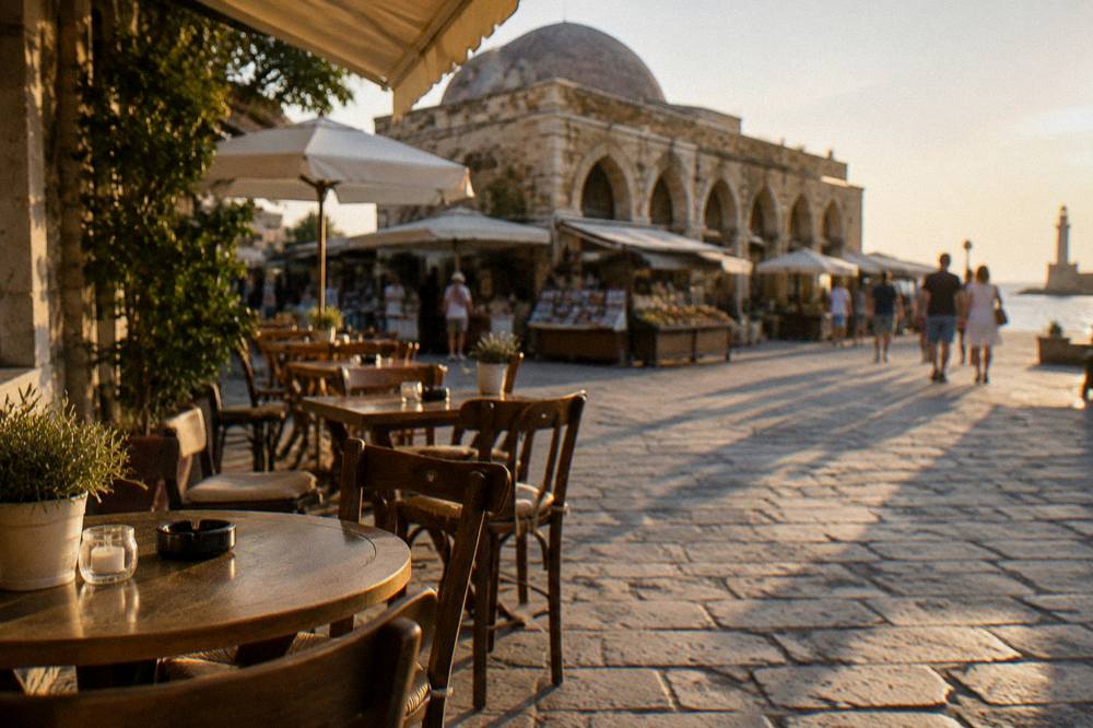 Outdoor cafe tables on a stone street near the market at golden hour