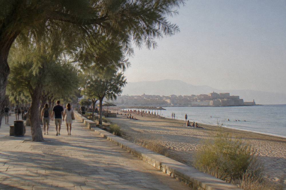 Waterfront promenade with tamarisk trees and people strolling toward a sandy beach