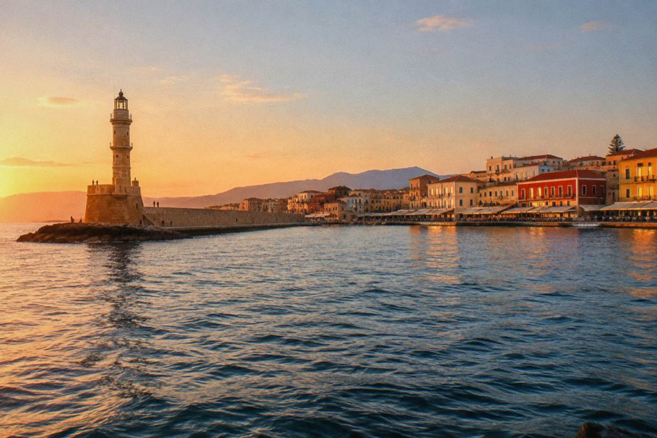 The Venetian Harbour of Chania seen from the sea, with the lighthouse on the mole and waterfront buildings along the quay