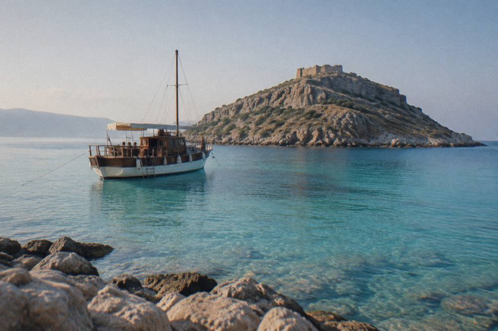 A wooden excursion boat anchored in clear water near a rocky island with a fortress ruin on its peak