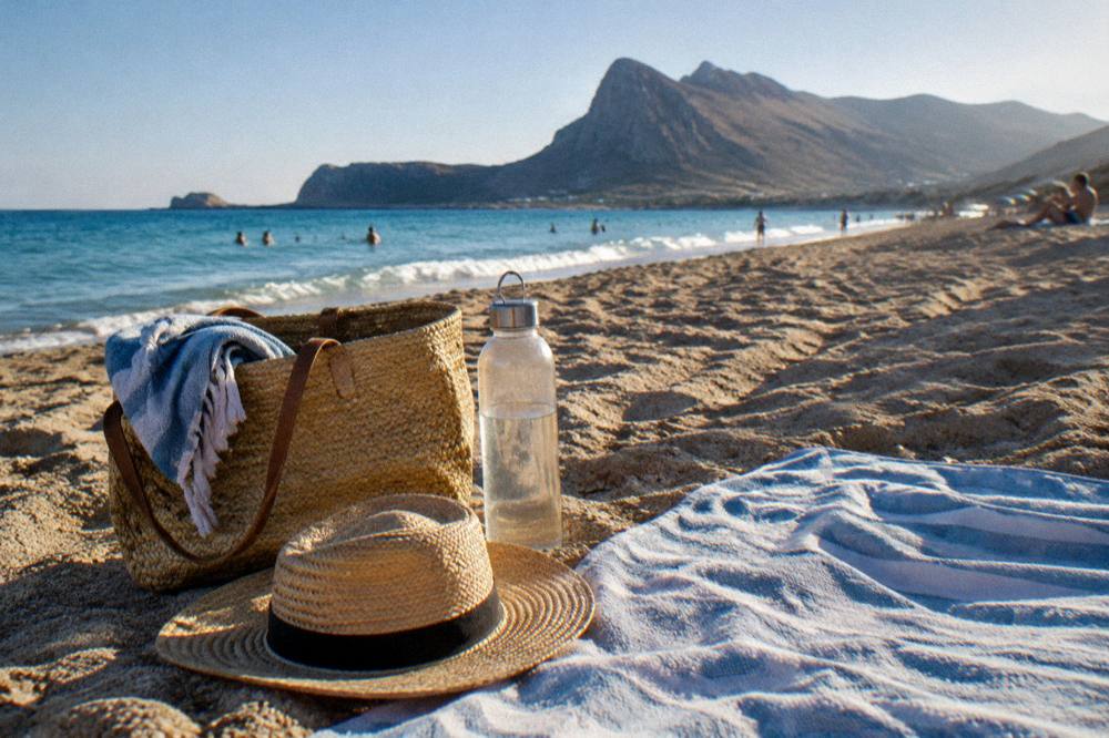 A beach bag, hat and water bottle on sand beside a towel