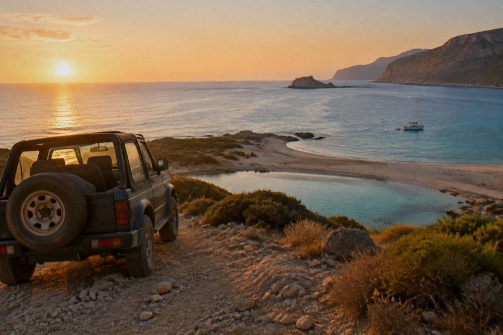 A jeep parked on a rough track above a lagoon with a boat anchored offshore