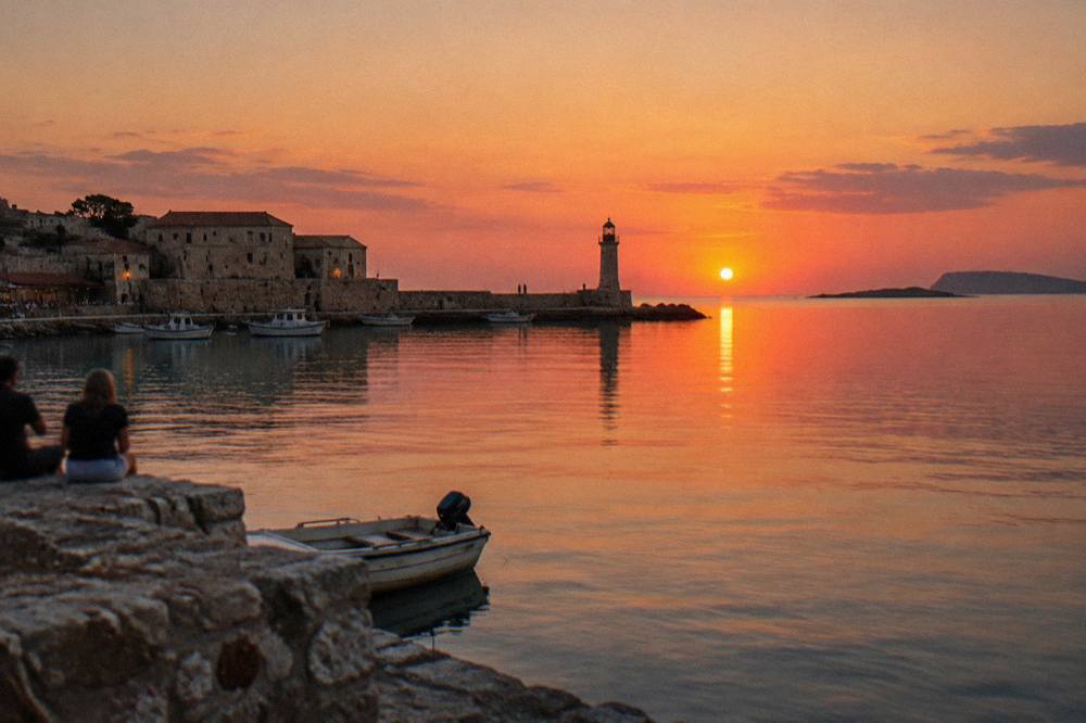 A harbour front with old stone buildings and a lighthouse at dusk