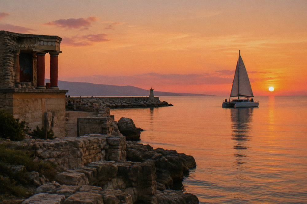 A catamaran under sail on calm evening water near a historic harbour front