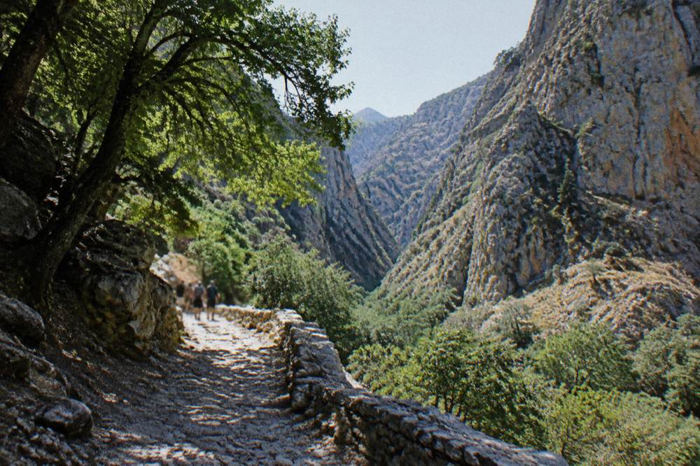A wide mountain valley with a stone path disappearing between cliffs