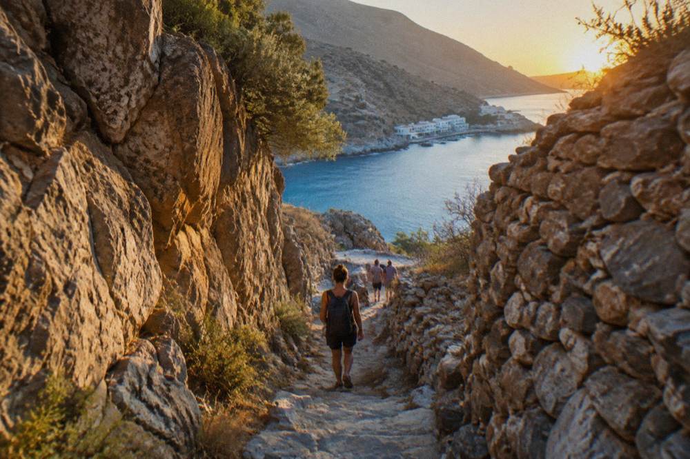 A narrow rocky gorge path with high stone walls and walkers following the trail downhill