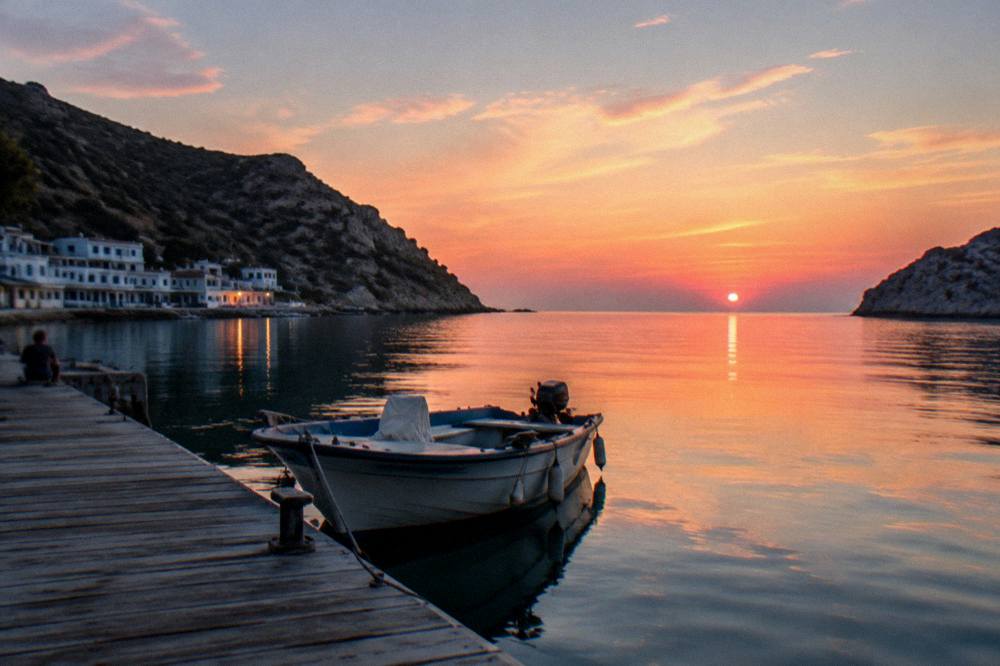 A wooden quay at dusk with a small boat and calm water reflecting a pink and blue sky