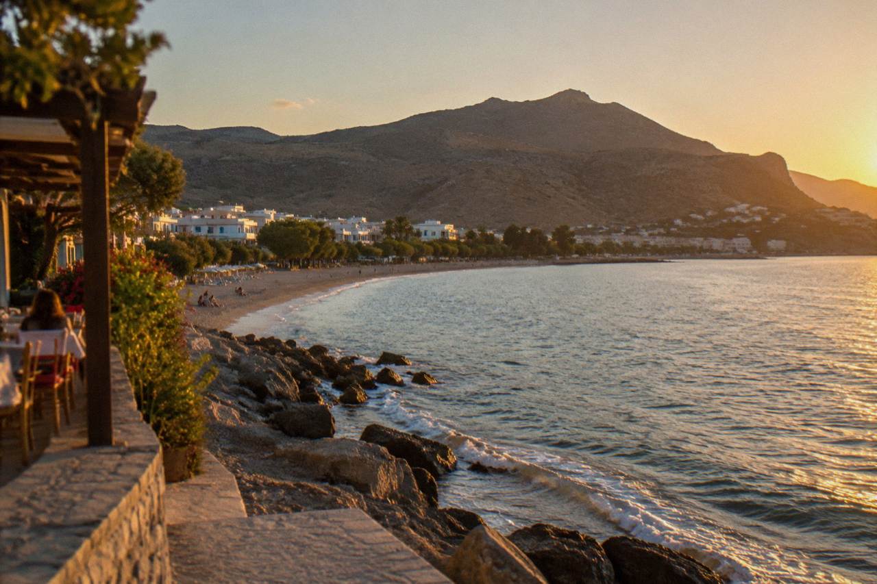 A small seaside town on the south coast of Crete with a long beach and steep hills behind it