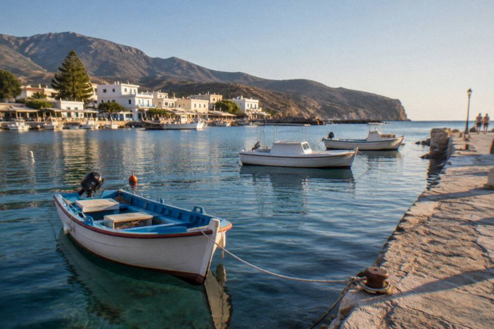 Small boats resting on calm water beside a stone pier at a Cretan coastal village