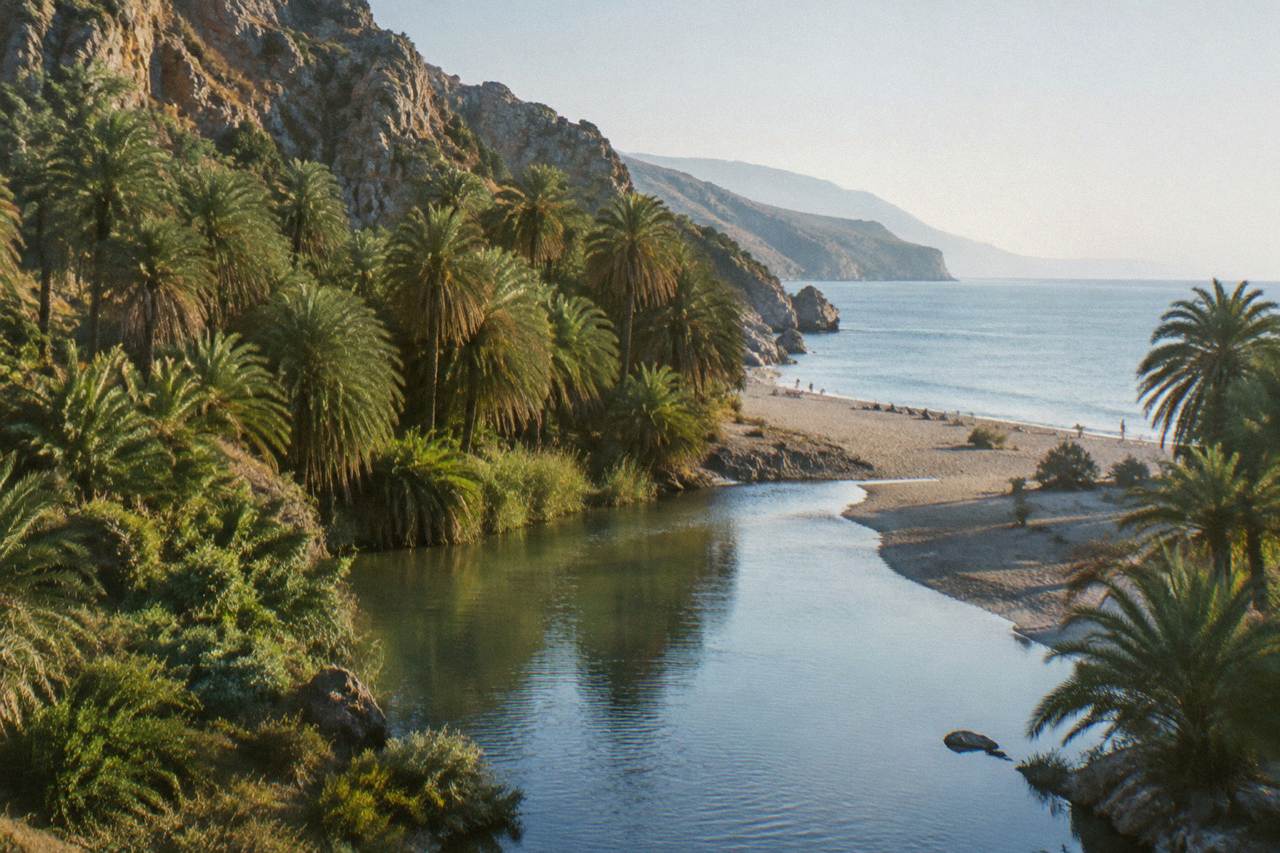 A river flowing through tall palms and out over a sandy beach to a calm sea