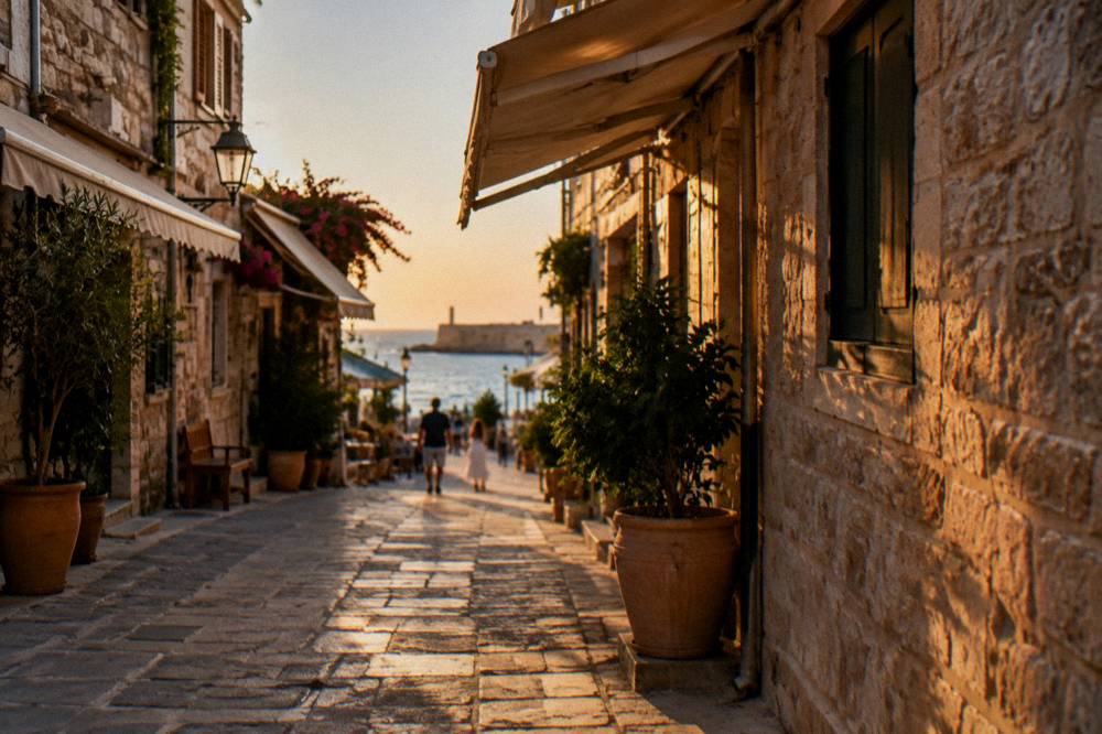 A narrow old-town street with stone buildings, awnings and a few pedestrians