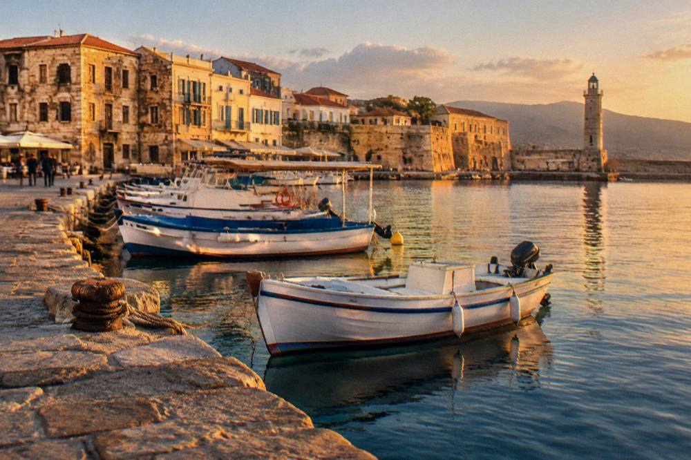 A small harbour mole with still water, moored boats and old buildings behind