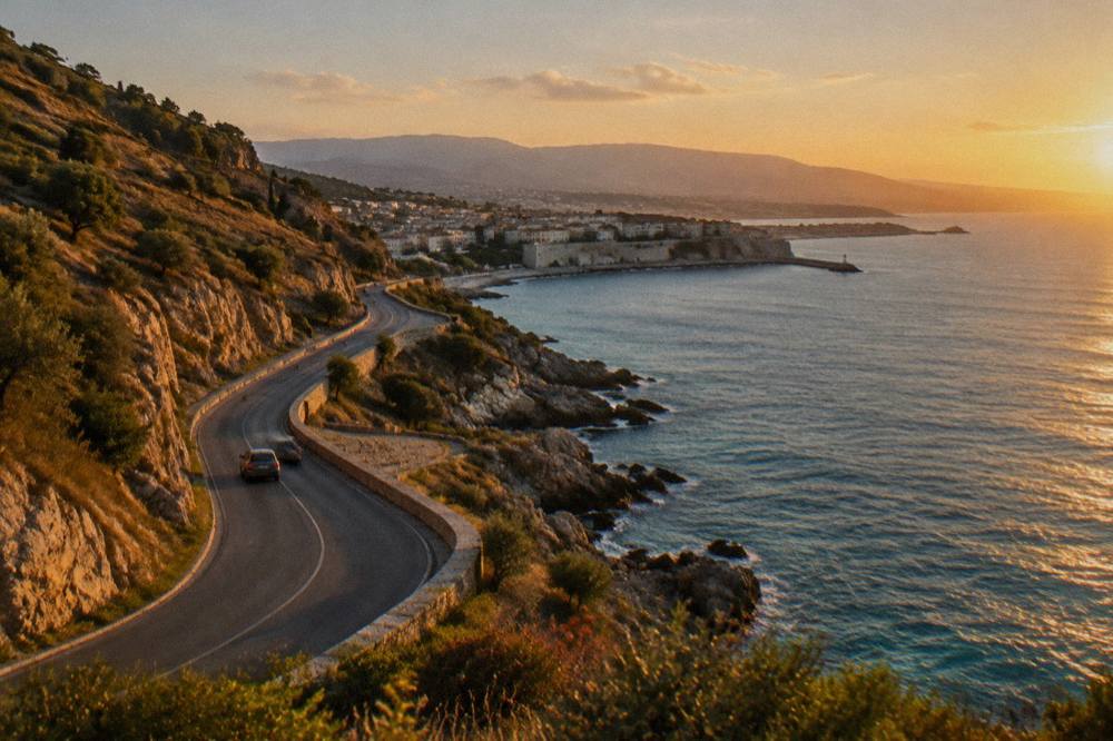 A coastal road curving between hills and the sea seen from a high viewpoint