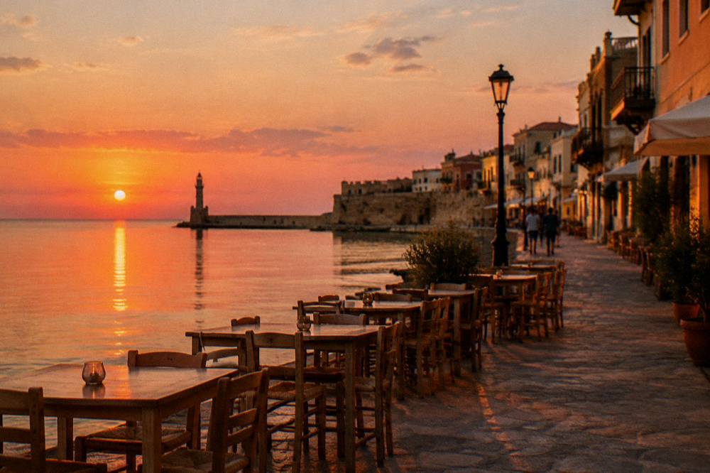 An evening seafront promenade with warm light on building facades and empty tables