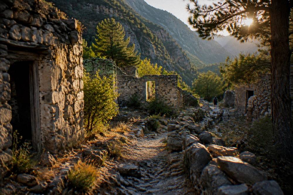 An abandoned stone village in a wooded valley inside a mountain gorge