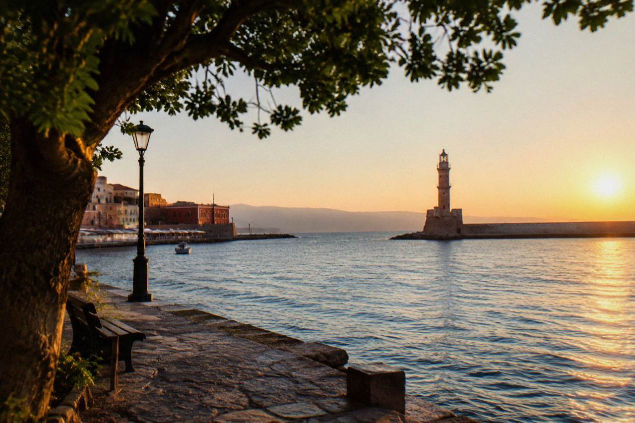 The Venetian Harbour of Chania at golden hour with the lighthouse at the end of the mole