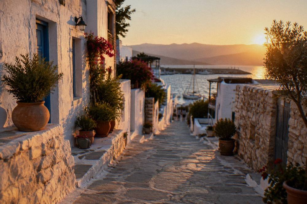 A white mountain village street with stone houses and potted plants in western Crete