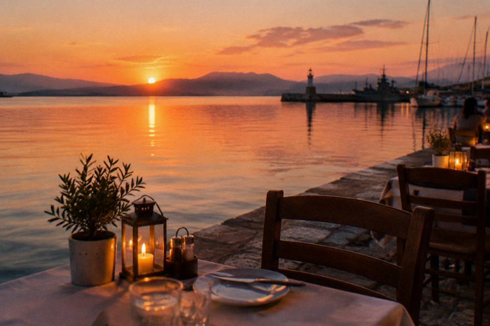 An evening table set beside the water on the Chania harbour front with lanterns glowing