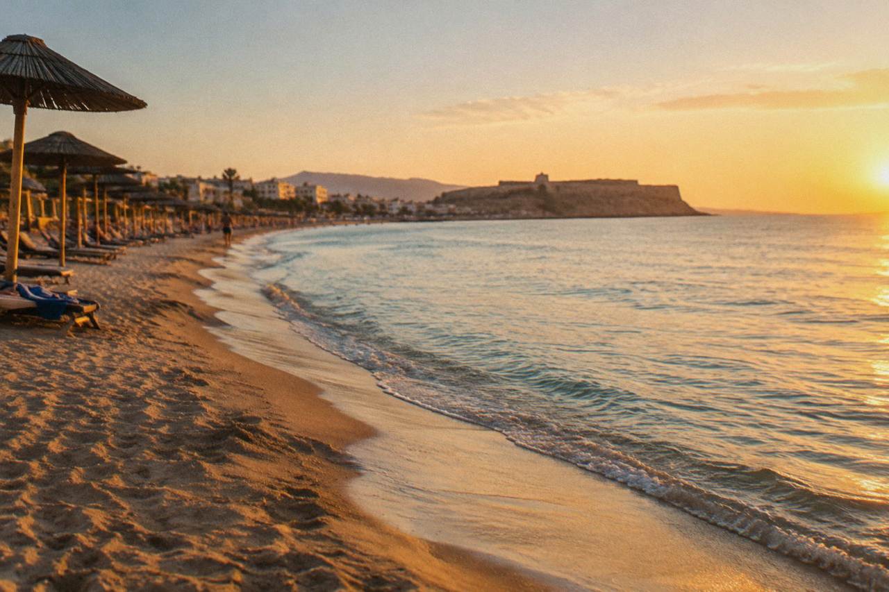 A sandy beach with calm shallow water and a row of umbrellas looking toward a distant headland