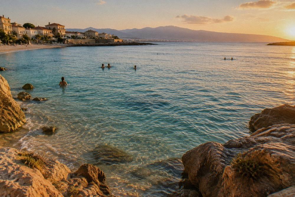 Shallow turquoise water at a small sheltered cove with a few swimmers near the shore