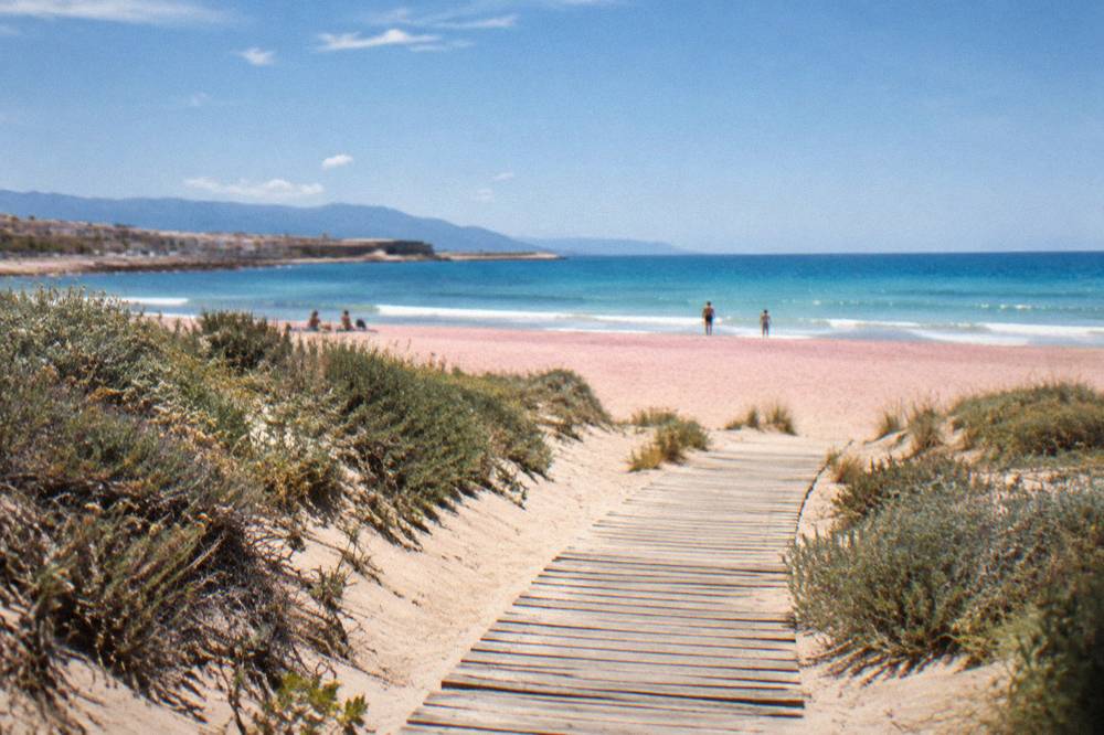 A wooden pathway leading over sand dunes to a wide pink-tinged beach