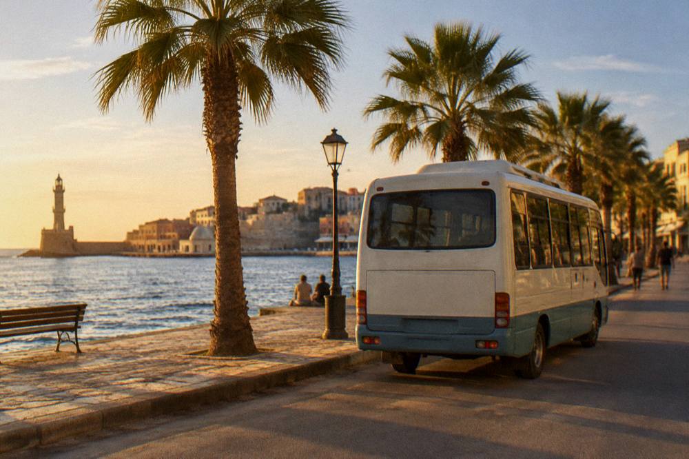 A small bus parked on a sunny street beside palm trees near a waterfront