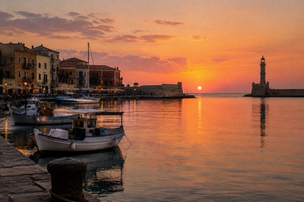 An old harbour at dusk with stone buildings, moored boats and a lit lighthouse in the distance