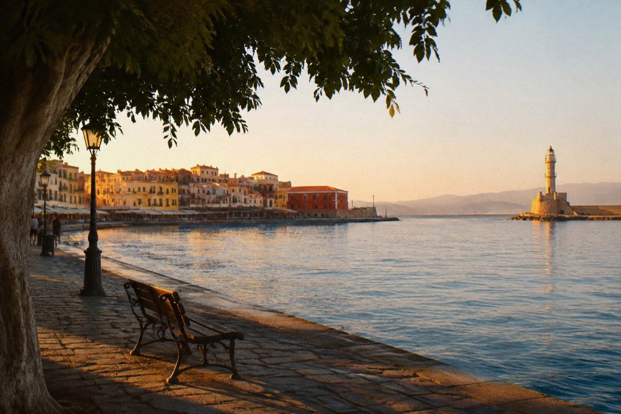 Venetian Harbour buildings in Chania at golden hour with the lighthouse in the distance