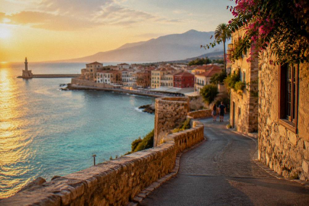 Winding coastal road above a turquoise bay in western Crete