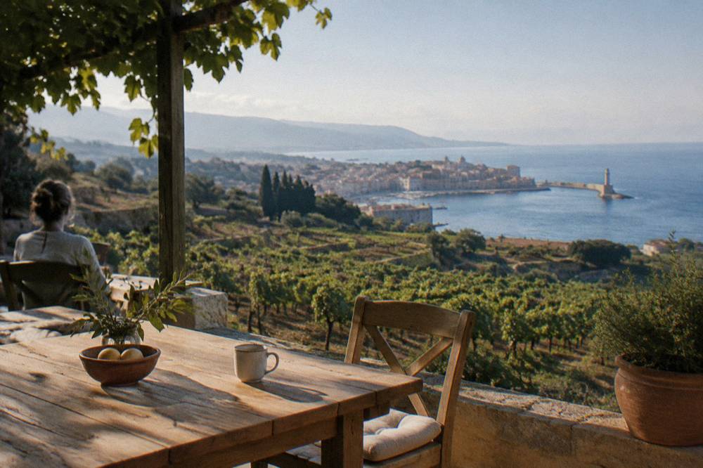 A wooden terrace overlooking vineyards on a hillside in western Crete