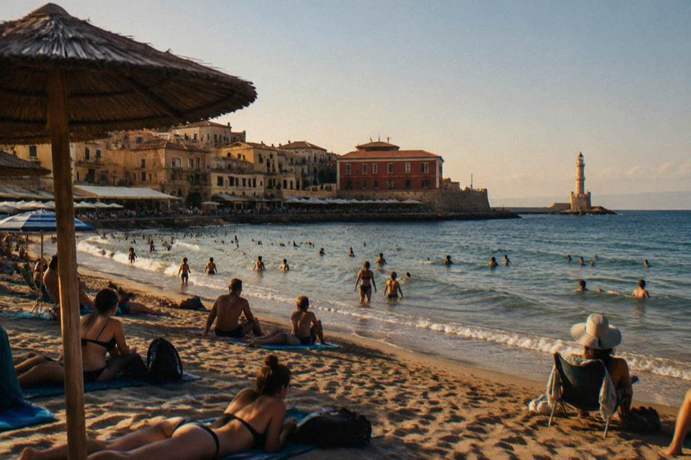 Sunbathers on a crowded sandy beach near Chania at midday in summer